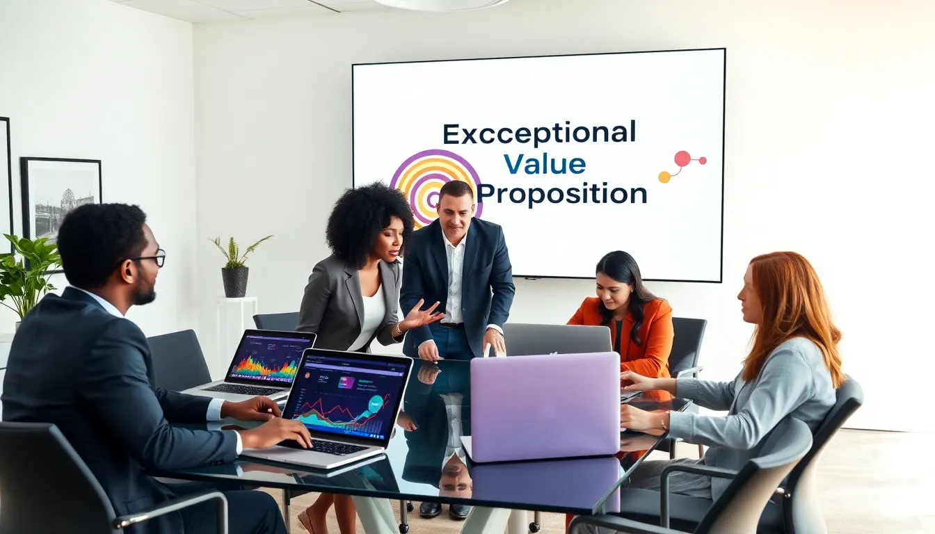 diverse team discussing unique value propositions in a modern office.
